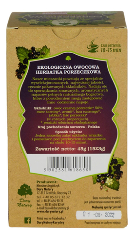 Herbatka w piramidkach Porzeczkowa EKO 15x3g DARY NATURY