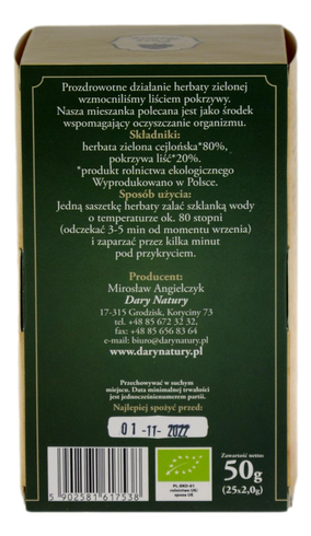 Herbata zielona z pokrzywą EKO 25x2g DARY NATURY