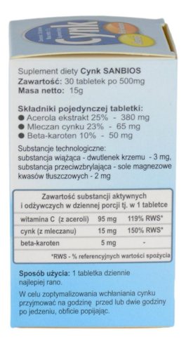 Cynk + acerola i beta karoten 30 tabletek SANBIOS