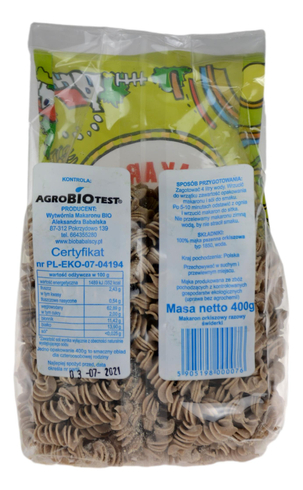 Makaron razowy orkiszowy świderki BIO 400g BIOBABALSCY