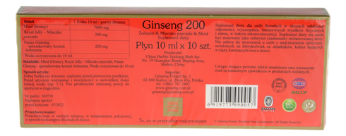 Ginseng 200 (Żeń-szeń, Mleczko pszczele, Miód) 10 fiolek x 10 ml