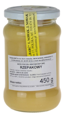 Miód rzepakowy 450g Pasieka BARĆ Kamianna