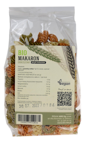 Makaron orkiszowy jeżyki kolorowe BIO 250g NIRO