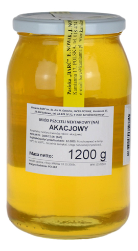 Miód akacjowy 1,2kg Pasieka BARĆ Kamianna