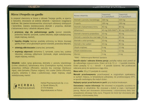 Mirra i Propolis Na Gardło 12 pastylek do ssania HERBAL MONASTERIUM