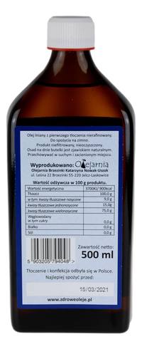 Olej lniany budwigowy tłoczony na zimno 500ml OLEJARNIA