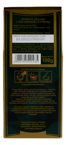 Herbata zielona z żeń-szeniem i cytryną 100g NATURA WITA